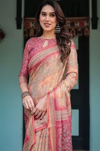 Rose pink handloom cotton-linen saree with mythological motifs and floral pallu