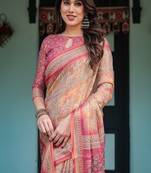 Rose pink handloom cotton-linen saree with mythological motifs and floral pallu