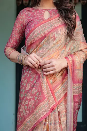 Rose pink handloom cotton-linen saree with mythological motifs and floral pallu