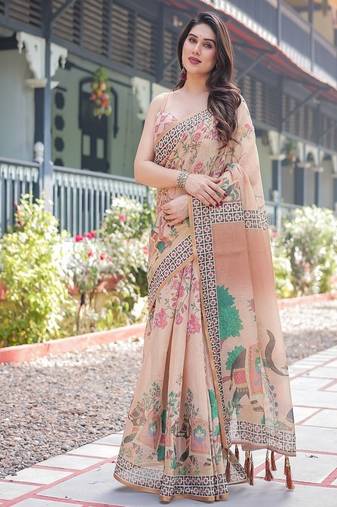 Beige handloom cotton-linen saree with elephant motifs and geometric border design