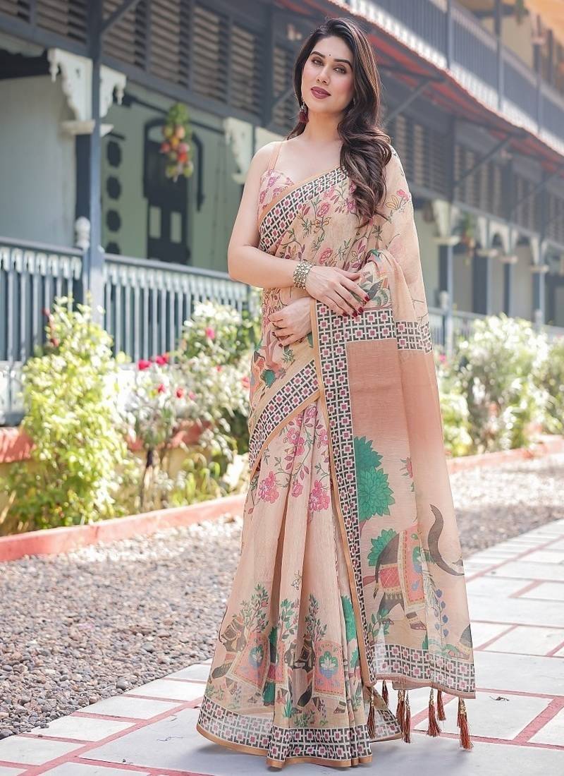 Beige handloom cotton-linen saree with elephant motifs and geometric border design