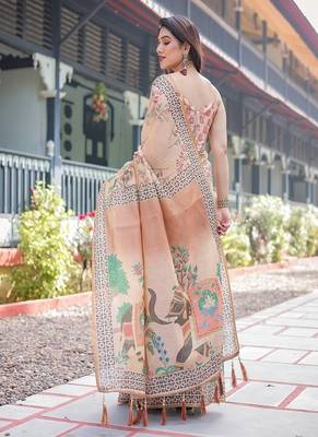 Beige handloom cotton-linen saree with elephant motifs and geometric border design 3