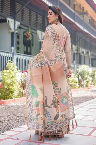 Beige handloom cotton-linen saree with elephant motifs and geometric border design