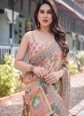 Beige handloom cotton-linen saree with elephant motifs and geometric border design 1