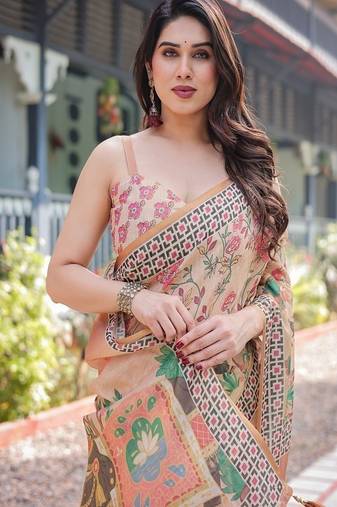 Beige handloom cotton-linen saree with elephant motifs and geometric border design