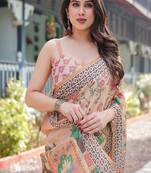 Beige handloom cotton-linen saree with elephant motifs and geometric border design