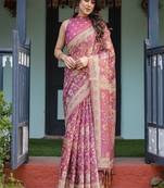 Pink handloom cotton-linen saree with gold floral motifs and peacock pallu