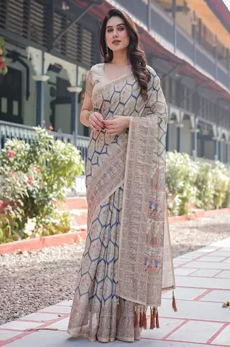 Classic beige handloom cotton-linen saree with madhubani-inspired prints and zari highlights