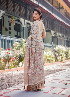 Classic beige handloom cotton-linen saree with madhubani-inspired prints and zari highlights 3