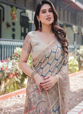 Classic beige handloom cotton-linen saree with madhubani-inspired prints and zari highlights 1
