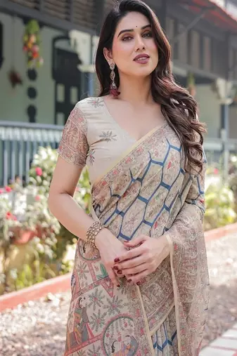 Classic beige handloom cotton-linen saree with madhubani-inspired prints and zari highlights