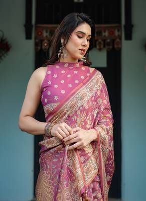 Pink handloom cotton-linen saree with gold floral motifs and peacock pallu 1