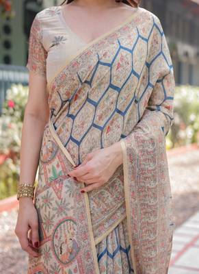 Classic beige handloom cotton-linen saree with madhubani-inspired prints and zari highlights 4