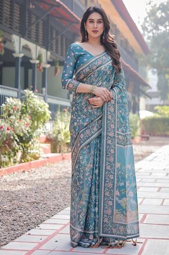 Pure handloom teal blue saree with multicolor floral vine print & tassel pallu