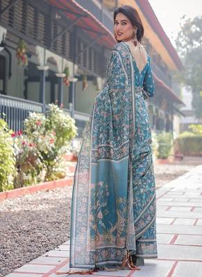 Pure handloom teal blue saree with multicolor floral vine print & tassel pallu 3