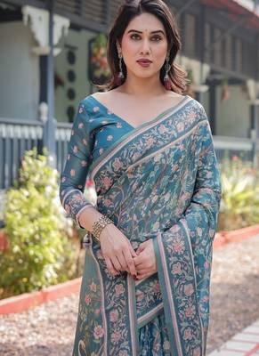 Pure handloom teal blue saree with multicolor floral vine print & tassel pallu 1