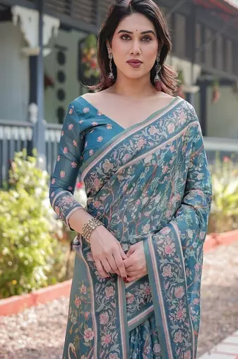 Pure handloom teal blue saree with multicolor floral vine print & tassel pallu