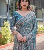 Pure handloom teal blue saree with multicolor floral vine print & tassel pallu