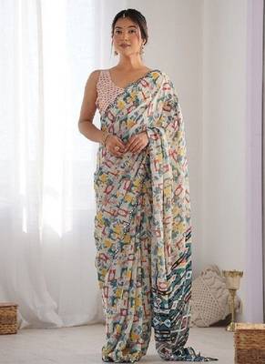 Off white digital printed georgette saree set 2