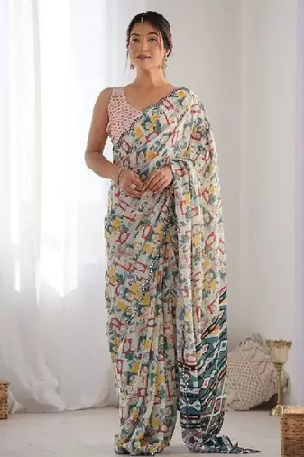 Off white digital printed georgette saree set