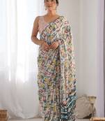 Off white digital printed georgette saree set