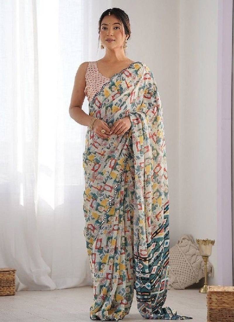 Off white digital printed georgette saree set
