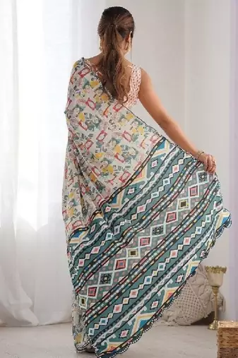Off white digital printed georgette saree set