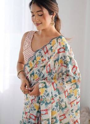 Off white digital printed georgette saree set 5