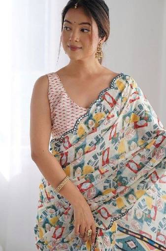 Off white digital printed georgette saree set