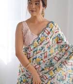 Off white digital printed georgette saree set