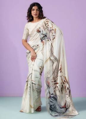 White original japan satin digital print saree with blouse 1