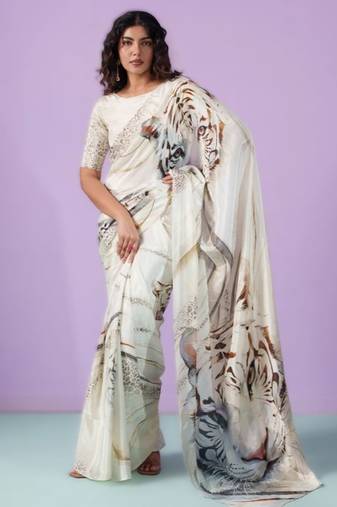 White original japan satin digital print saree with blouse