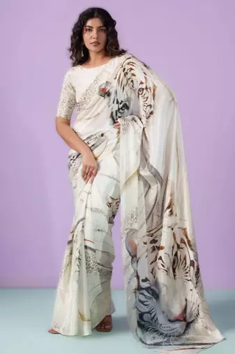 White original japan satin digital print saree with blouse