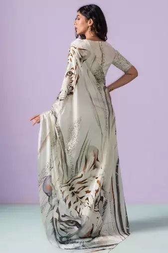 White original japan satin digital print saree with blouse