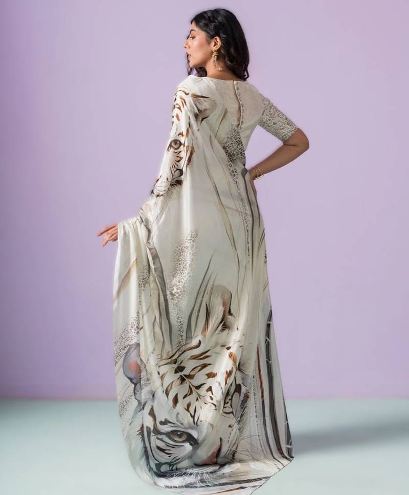 White original japan satin digital print saree with blouse