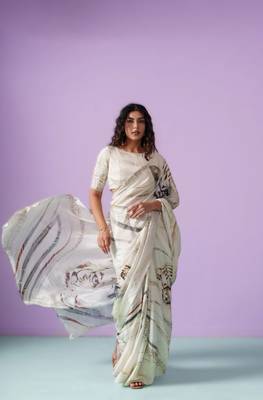 White original japan satin digital print saree with blouse 3