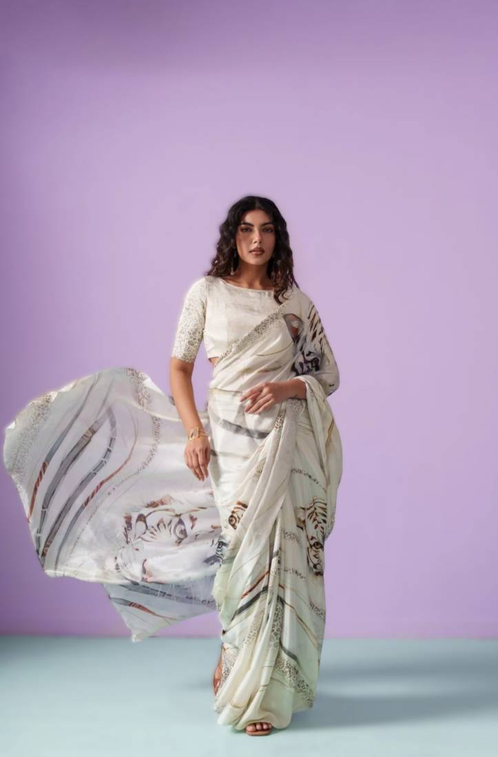 White original japan satin digital print saree with blouse