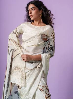 White original japan satin digital print saree with blouse 4