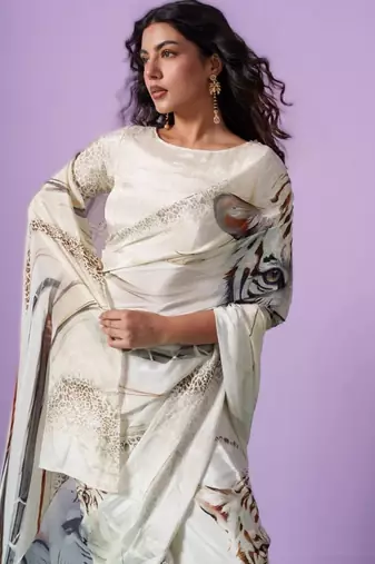 White original japan satin digital print saree with blouse