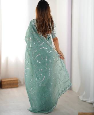 sea green gold crush thread & sequence work saree with blouse 2