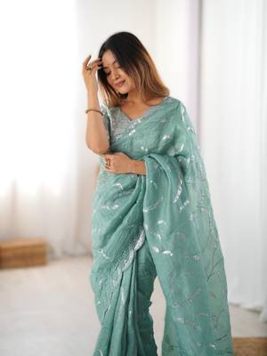 sea green gold crush thread & sequence work saree with blouse 4