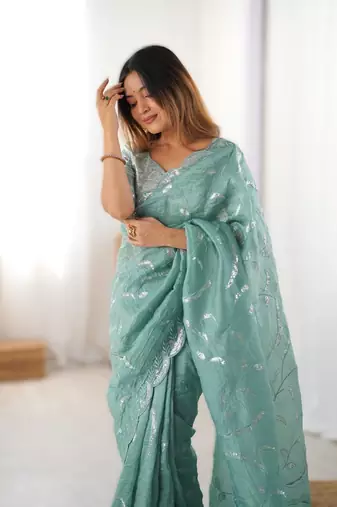 sea green gold crush thread & sequence work saree with blouse