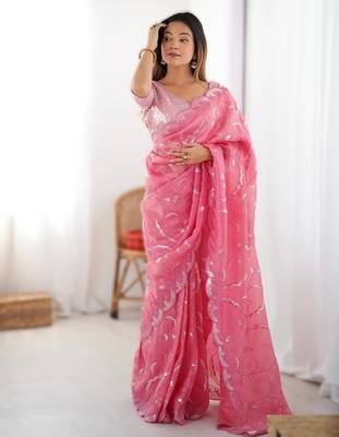 pink gold crush thread & sequence work saree with blouse 1