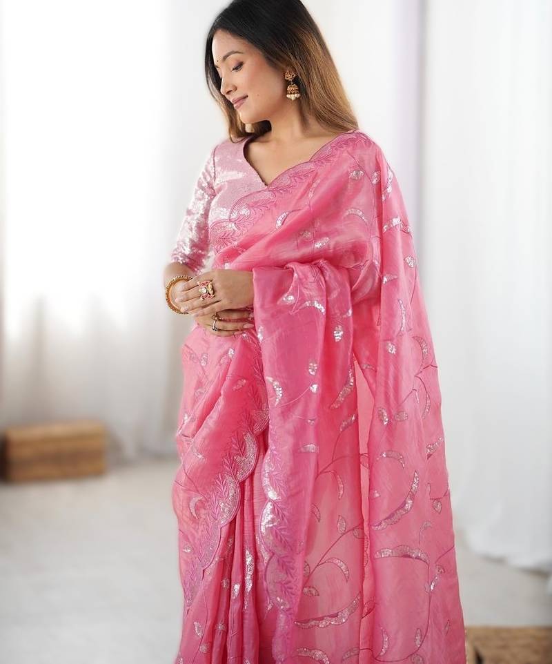 pink  gold crush thread & sequence work saree with  blouse