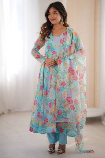 Sky blue sunkissed floral print organza readymade gown suit set with dupatta & pant