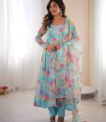 Sky blue sunkissed floral print organza readymade gown suit set with dupatta & pant