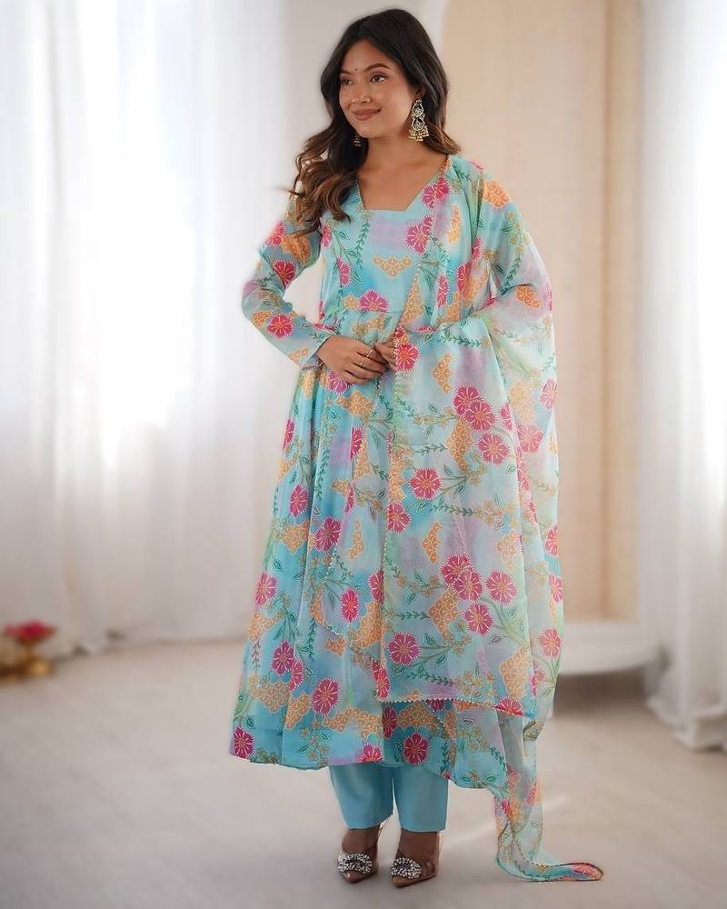 Sky blue sunkissed floral print organza readymade gown suit set with dupatta & pant
