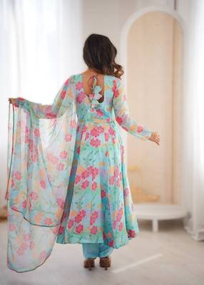 Sky blue sunkissed floral print organza readymade gown suit set with dupatta & pant 2