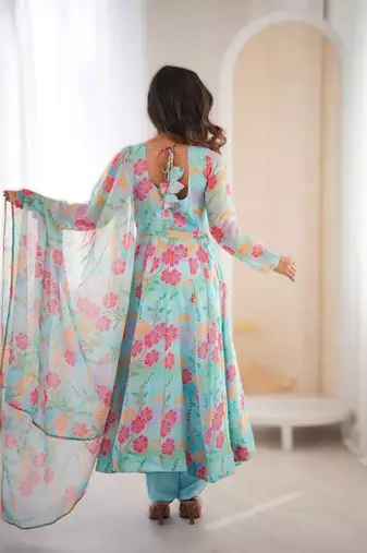 Sky blue sunkissed floral print organza readymade gown suit set with dupatta & pant