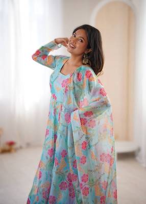 Sky blue sunkissed floral print organza readymade gown suit set with dupatta & pant 3